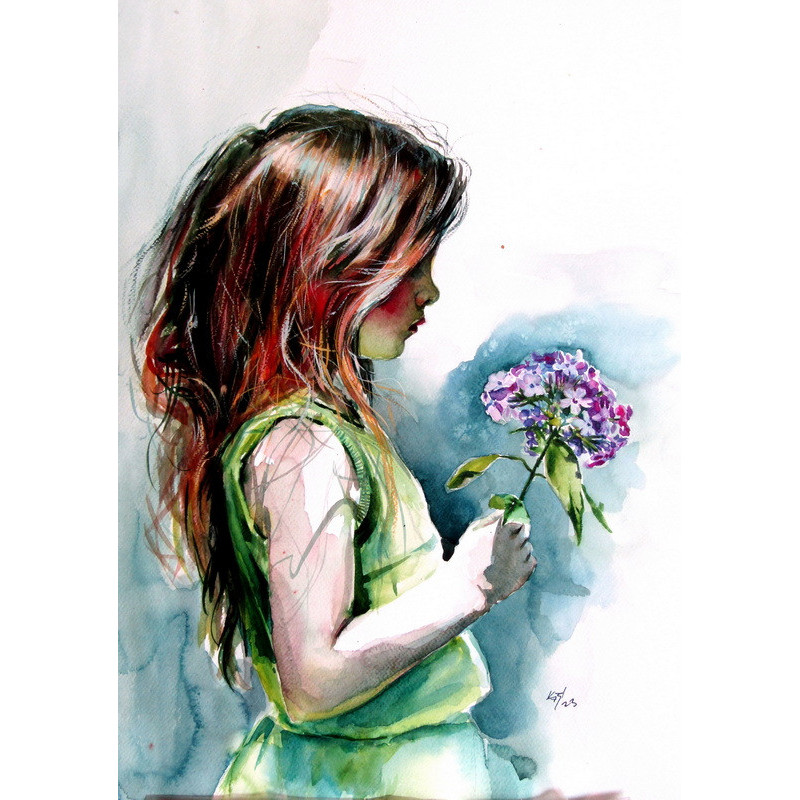 Little girl with purple flower